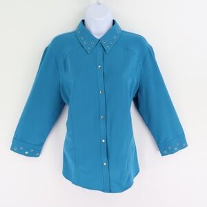 Dressbarn Button Up Shirt 3/4 Sleeves Womens Sz L Blue Polyester Blend Collared